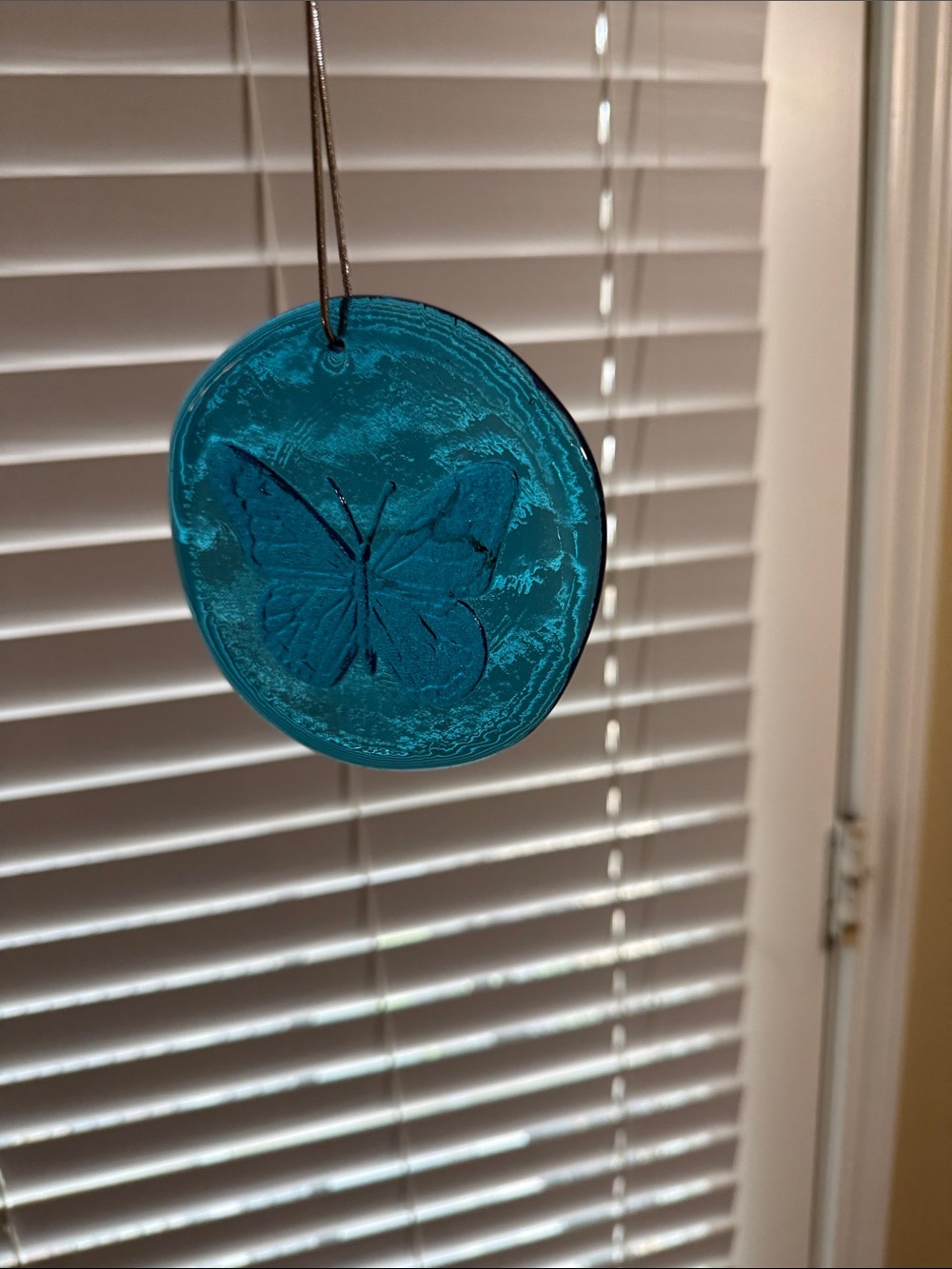 Teal Blenko  Glass Butterfly Suncatcher.